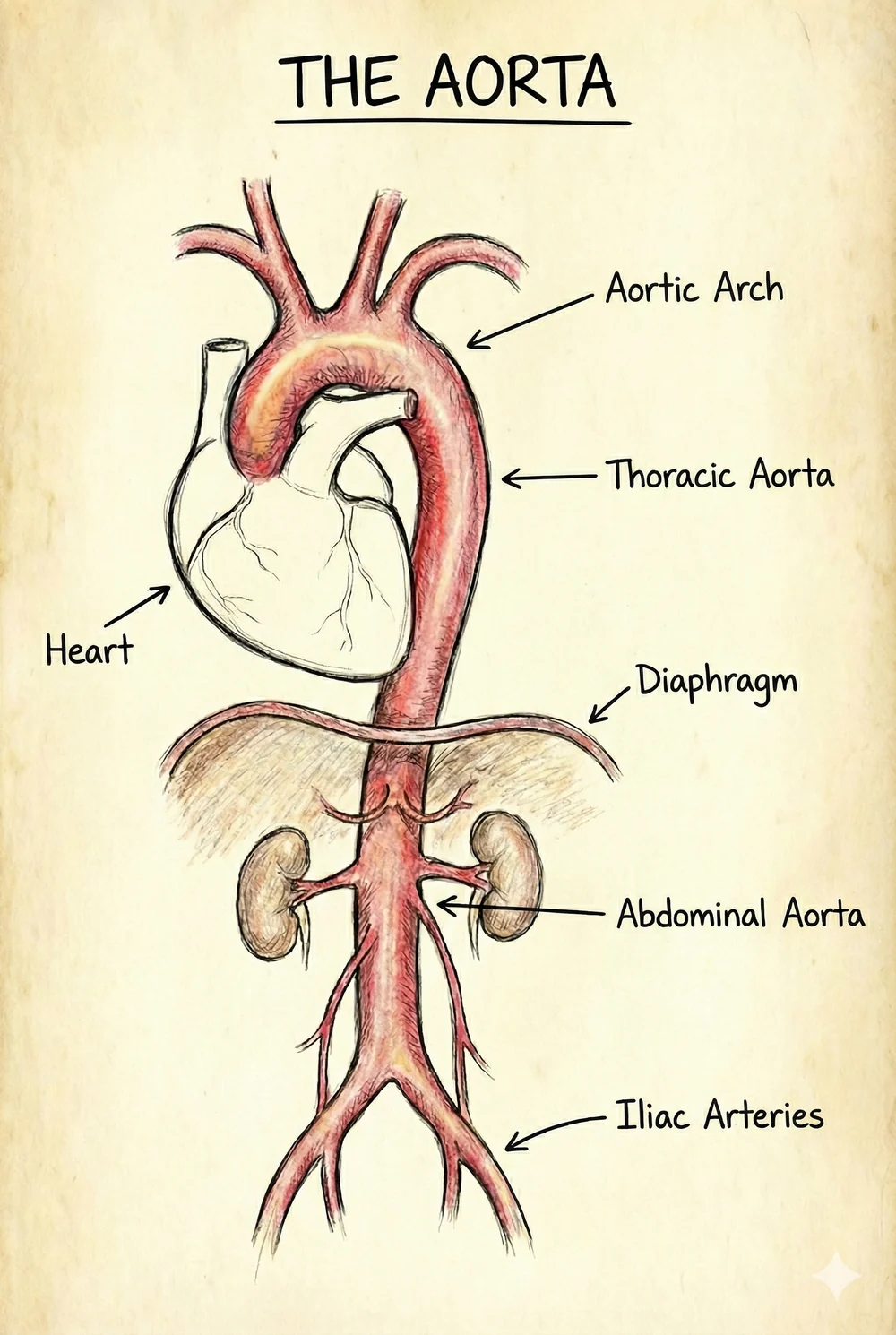 Diagram of the aorta showing the aortic arch, thoracic aorta, diaphragm, abdominal aorta, and iliac arteries.